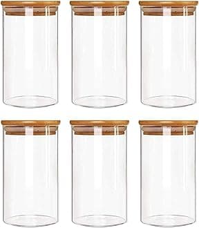 Borosilicate Spice Jars with Airtight Bamboo Lid Kitchen Food Storage Container Set With Natural Bamboo Lids For Candy, Cookie, Rice, Sugar, Flour, Pasta, Nuts (320ML JARS, 6 PCS)