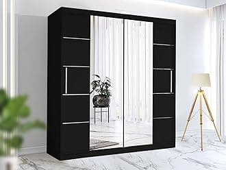 RAC3 Race to Road Modern Bedroom Sliding Wardrobe with LED Light - Ample Storage Space and Sleek Design comes in White/Grey/Black and Width 150cm/180cm/203cm (Black, 203cm)