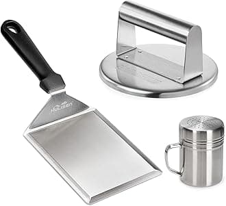 HULISEN Smashed Burger Kit, Stainless Steel Burger Press with Edge, Grill Spatula and Spice Dredge Shaker - Burger Smasher Griddle Accessories Kit for Griddle Grill Cooking, Gift Package