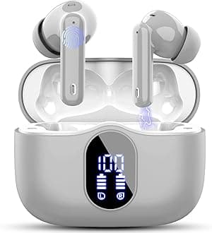 Wireless Earbuds, Bluetooth 5.4 Headphones In Ear with 4 ENC Mic, New Wireless Earphones Noise Cancelling Deep Bass, LED Display, Bluetooth Earbuds 36H Playtime, IP7 Waterproof Ear buds, USB-C, Grey