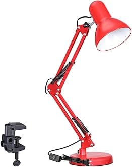 Metal Desk Lamp with Clamp, Swing Arm, Architect Adjustable Gooseneck Table Lamp, Clip Desk Lights for Home Office, Work, Study, Reading, E26 Base, Multi-Joint, Red