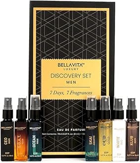 BellaVita Luxury Discovery Set Mens Perfumes (7x8ml) | Mini Perfume Gift Set for Men with Bergamot, OUD & Patchouli Oriented | Compact Long-Lasting Oud Colognes for Men | Cruelty Free Fragrance