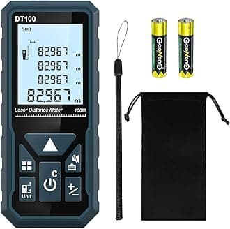 Laser Distance Meter 100m, DT100 Laser Measure 328ft with Portable Handle Digital Measure Tool Range Finder 4-Line Backlit Large LCD Display IP54 Shockproof