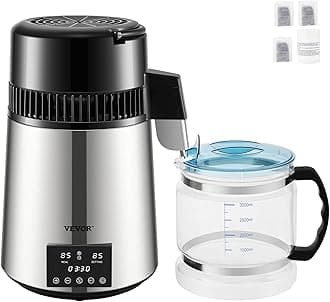 Water Distiller, 304 Stainless Steel Countertop Water Stiller, 0.3Gal/H, 0-99H Timing Dual Temp Display, 1.1Gal Distilled Water Maker Machine, Glass Carafe, 3 Carbon Bags, Citric Acid Powder