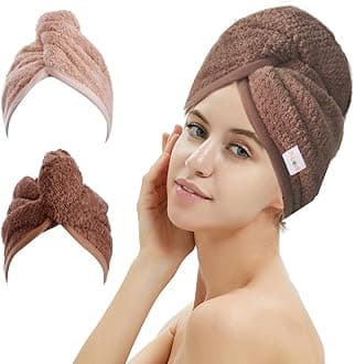 M-bestl 2 Pack Hair Drying Towels, Hair Wrap Towels, Absorbent Microfiber Hair Towel Turban with Button Design to Dry Hair Quickly(Coffee& Pink)