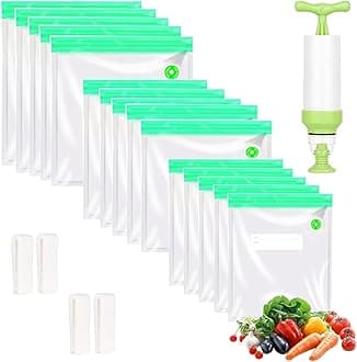 Sous Vide Bags 20pack Reusable Vacuum Food Storage Bags with 3 Sizes Vacuum Food Bags,1 Hand Pump,4 Sealing Clips for Food Storage and Sous Vide Cooking (Green Kit)