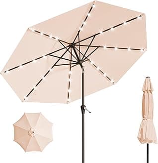 9FT Solar Umbrella 32 LED Lighted Patio Umbrella Table Market Umbrella w/Tilt and Crank Outdoor Umbrellas for Garden, Deck, Backyard, Pool and Beach, Beige