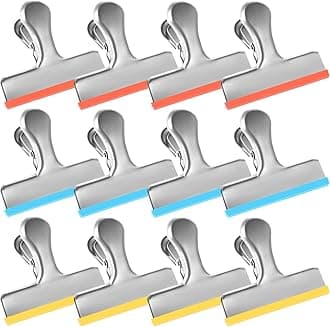 HOUSE AGAIN 12 Small Pack Stainless Steel Chip Bag Clips Covered with Silicone - NO More Sharp Edges - Color Coded for Food Bags - Air Tight Seal, Heavy Duty for Kitchen and Office, 2.5 Inches