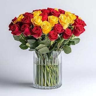 GlobalRose 50 Fresh Cut Roses - 25 Yellow & 25 Red - Fresh Flowers Bouquet - Flowers for Valentine's Day, Wedding, Birthday, Anniversary, or Home Decor