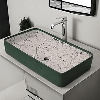 - REMANENCE Designer Table Top Wash Basin For Bathroom | Ceramic Bathroom Sink | Wash Basin Over Counter Bathroom Basin (24 x 14 x 4 Inch) (Deigner Matte Green Stripe SL 65)