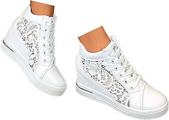 Platform Hidden Heels Sneakers for Women Floral Lace Mesh Lace Up Chunky Bottom High Heels High Top Shoes Wedge Tennis Shoes Casual Walking Shoes