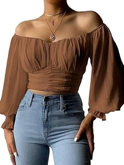 Womens Elegant Off The Shoulder Puff Sleeve Blouse Summer Chiffon Slim Fit Party Crop Top