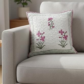 HOMEMONDE Premium Cotton Cushion Cover - Quilted Soft 16 X 16 Inches Square Pillowcase Floral Hand Block Print, Pink, Pack Of 1, 300 TC