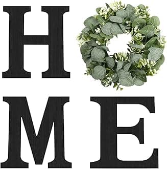 Pinkpum Wood Home Sign with Artificial Eucalyptus Wreath for O, Hanging Farmhouse Wall House Decor Wood Letters for Wall Art Rustic Home Decor, Wall Decor for Living Room Kitchen Entryway (Black)