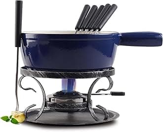 Artestia Swiss Traditional Cast Iron Cheese Fondue Pot Set, Cast Iron Fondue Set for Cheese, Meat & Chocolate (Blue)