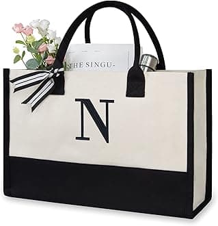 Personalized Initial Canvas Beach Bag, Monogrammed Gift Tote Bag for Women, N, Medium