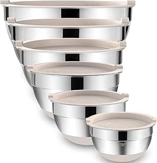 Umite Chef Mixing Bowls with Airtight Lids，6 piece Stainless Steel Metal Nesting Storage Bowls , Non-Slip Bottoms Size 7, 3.5, 2.5, 2.0,1.5, 1QT, Great for Mixing & Serving (Khaki）