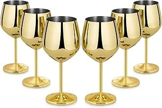 Lifecapido Stainless Steel Wine Glasses Set of 6, 18oz Stainless Steel Wine Goblets, Stemmed Metal Wine Glasses with Cup Brush for Party Office Wedding Anniversary, Great for Red White Wine (Gold)