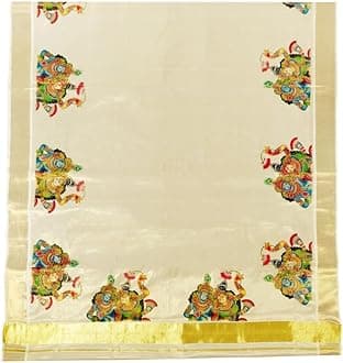 YETTALAN® Women's Mural Printed Kerala Gold Tissue Saree with Running Blouse Piece | Traditional South Indian Ethnic Saree for Festivals, Weddings & Special Occasions