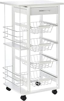 HOMCOM Rolling Kitchen Cart, Utility Storage Cart with 4 Basket Drawers & Side Racks, Wheels for Dining Room, White