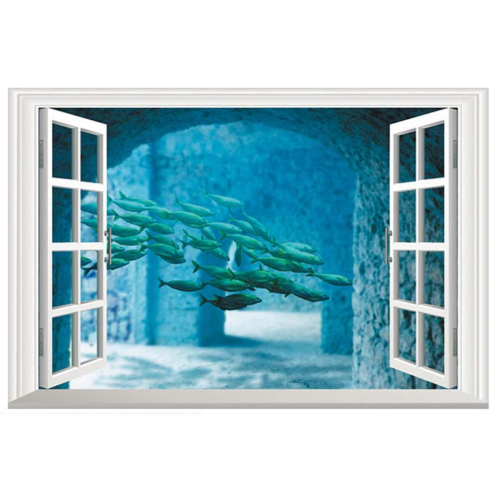 Ocean Under Sea Fish False Faux Window Frame Window Mural 3D Full Color Vinyl Bedroom Living Room Playroom Wall Decals Stickers 24 inches x 16 inches