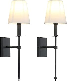 PERMO Set of 2 Classic Rustic Industrial Wall Sconce Lighting Fixture with Flared White Textile Lamp Shade and Black Tapered Column Stand, Hardwired, E26 Base