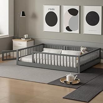Full Size Montessori Floor Bed Frame with Convertible Door & Wood Slats for Kids,Wood Montessori Bed with Safety Guardrails for Girls & Boys,Grey
