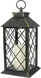 Bright Zeal 13.5" Outdoor Candle Lantern Decorative with LED Pillar Candle Battery Powered (Distressed Gold, 6hr Timer) - IP44 Waterproof Decorative Tabletop Lanterns Hanging Lanterns Indoor Outdoor