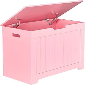 Wooden Storage Chest Box with Flip-top Lid & Safety Hinge, Living Room Organizer, Bedroom Bench with 100L Storing Area, Pink