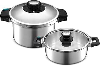 Quick & Safe 2-Piece Stainless Steel Pressure Cooker Set, 4L+6L, Induction Multi Cooker Pot, 2 Cooking Programs, Dishwasher Safe, All Hob Types, Silver (Small & Large)