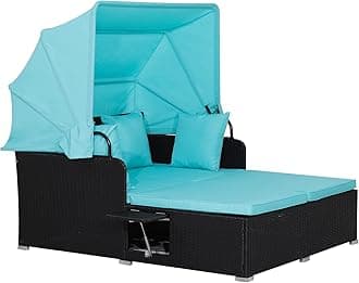 RELAX4LIFE Patio Outdoor Daybed with Canopy, Wicker Sunbed w/Cushions, 4 Pillows & 2 Retractable Side Trays, Double Conversation Lounge Bed for Poolside Porch Garden, Rattan Outdoor Bed (Turquoise)