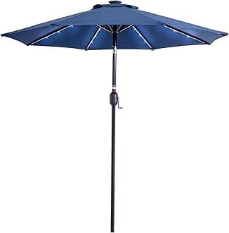 Sundale OutdoorSundale Outdoor 7 ft Solar-Powered 24 LED Lighted Patio Umbrella with Crank & Push Button Tilt for Garden, Deck, Backyard, Pool, 8 Ribs (Navy Blue)
