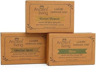 Ancient Living Organic & Natural Soaps Daily Bath Needs with Cold Pressed Oils (Handmade) - 100 gm each Kasturi Turmeric for Radiance Multani Mitti for Anti Aging Tulasi for Cleansing