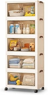 SKY-TOUCH 5 Layer Collapsible Storage Bins, Stackable Plastic Storage Cabinet with Wheels, Dual Opening Storage Box with Magnetic Doors for Home, Living Room, Office, Closet, 60x36x176cm, White