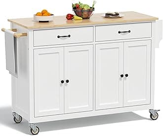 Rovibek Kitchen Island on Wheels Large in Rolling Island Wood Mobile Portable Kitchen Islands White with Drawers Cabinet Spice Rack Towel Rack Storage Pure White