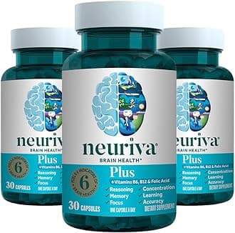 Plus Brain Supplement for Memory, Focus & Concentration + Cognitive Function with Clinically Tested Nootropics Phosphatidylserine and Neurofactor, VIT B6 & B12, 30 Count Capsules (3 Pack)