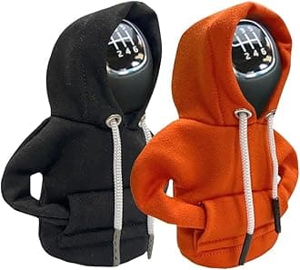 2PCS Car Gear Shift Cover, Fashionable Hoodie Car Shift Knob, Winter Warm Gear Shift Knob Cover Sweater Shirt, Auto Interior Accessories Shift Knob, Universal Car Decor Accessories (Black&Orange)
