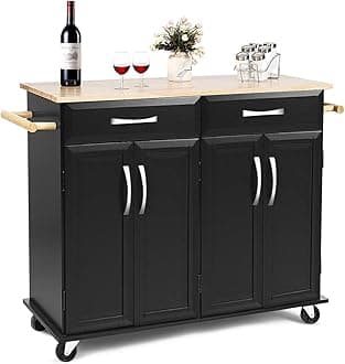 Giantex Kitchen Island Cart, Rolling Trolley Cart Utility Cabinet w/Rubber Wood Top, Large Storage Easy-Clean with Smooth Lockable Wheels Home Kitchen Carts (Black)