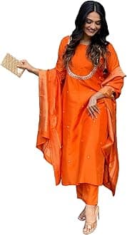 GoSriKi Women's Silk Blend Straight Embroidered Kurta with Pant & Dupatta