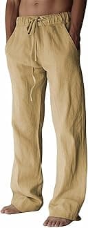 Mens Cotton Linen Pants, Summer Beach Pants Casual Loose Fit with Elastic Waist Drawstring