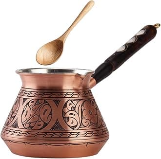 DEMMEX 15 Oz Thickest Copper Turkish Greek Arabic Coffee Pot, Stovetop Coffee Maker, Cezve Ibrik Briki with Wooden Handle & Spoon, Hand Engraved (Matte Copper, 6 Servings)