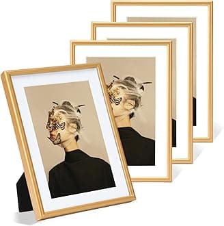 6x8 Picture Frame Set of 4, Matted Gold Simple Modern Brushed Thin Aluminum Metal Photo Frame Fits 4x6 and 5x7 with Mat or 6 x 8 without Mat . Vertical and Horizontal for Tabletop and Wall