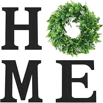 Wooden Home Sign with Artificial Green Wreath for O, Hanging Farmhouse Wall House Decor Wood Letters for Wall Art Rustic Home Decor, Wall Decor for Living Room Kitchen Entryway (Black)