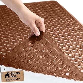 GORILLA GRIP Patented Bath Tub Shower Mat, Machine Washable Bathtub Floor Liner Mats, Suction Cups and Drain Holes to Keep Tubs Clean, Soft on Feet, Bathroom Essentials, 35x16 Inch, Brown