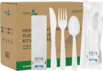 250 Sets 6.29inch Plastic Cutlery Packets, Heavy-Duty Weight White Disposable Plastic Cutlery Packs, Individually Wrapped (Fork Spoon Knife Napkin Salt Pepper 6 in 1)