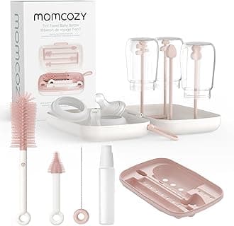 Momcozy 7-in-1 Baby Bottle Cleaner Kit with Silicone, & Straw Brushes, Soap Dispenser and Drying Rack - Portable Cleaning Tool for Home and Travel, Pink
