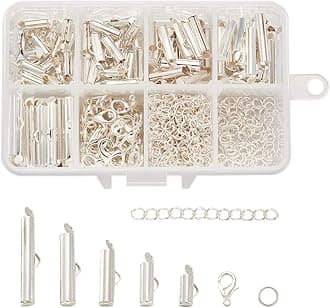 Beadthoven 1Box 5Sizes Silver Brass Slide On End Clasps with Alloy Lobster Claw Clasps & Iron Twist Extender Chains Jump Rings Tube Crimp Cord Ends Finding for Jewelry Making 10mm/13mm/16mm/20mm/25mm