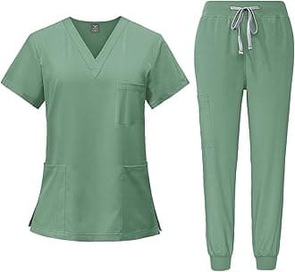 Scrubs for Women Set Casual Solid Medical Uniform Stretch V-Neck Scrub Top & Jogger Pant with Pockets