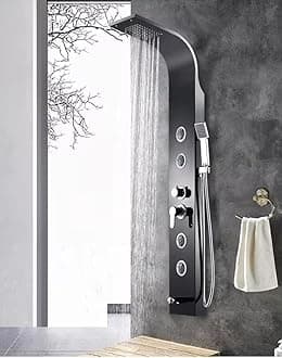 B Backline Wall Mount Shower Panel for Bathroom Full Set | 4 In 1 Shower System | Overhead Waterfall Shower | 3 Body Jet | Hand Shower | Shower Panel for bathrooms (Black Glossy)