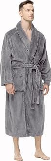 Mens Fleece Robe, Soft Plush Robe for Men, Fluffy Bathrobe with Belt & 2 Pockets